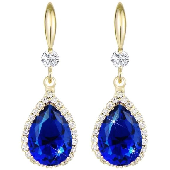 14K Yellow Gold with Blue Sapphire Cubic Zirconia Teardrop Hook Dangle Earrings - Picture 1 of 5